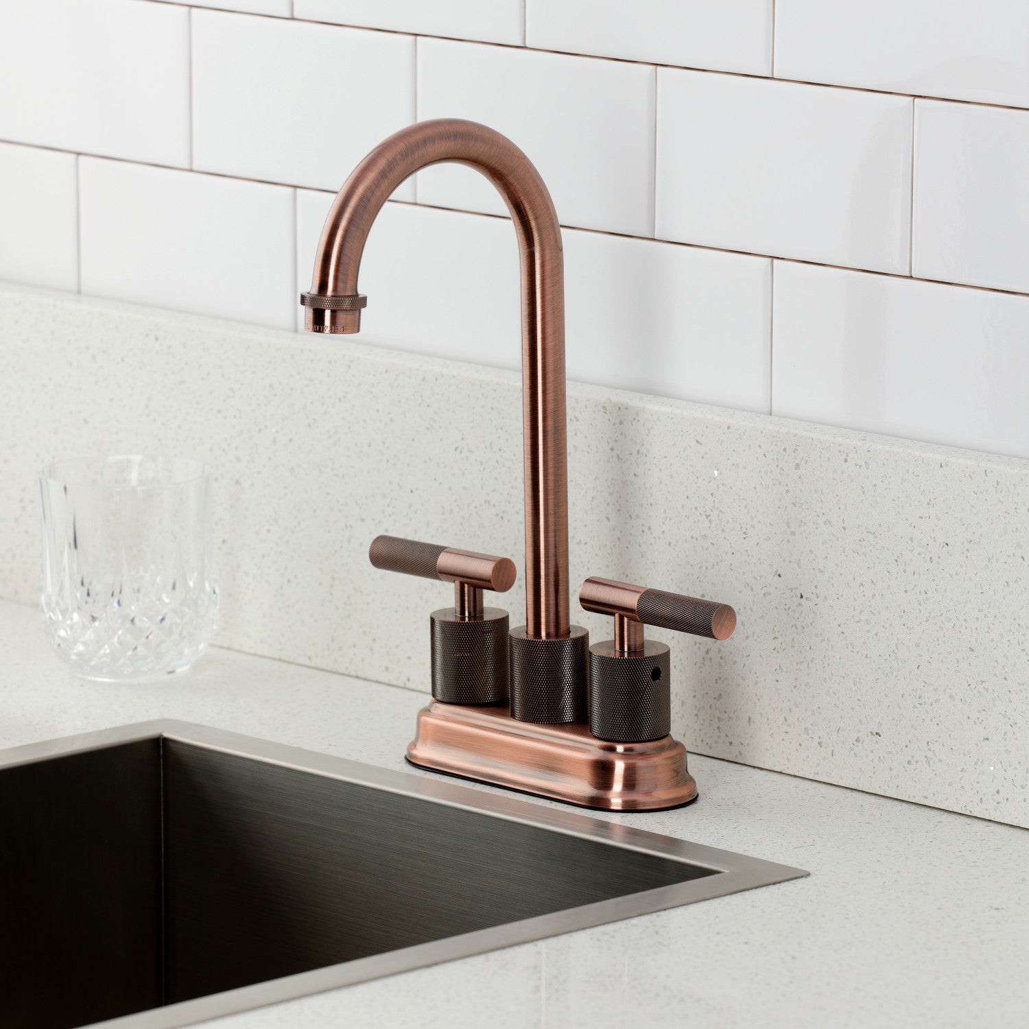 Kingston Tulare KB549KNLAC - Convergent Two-Handle 2-Hole Deck Mount Bar Faucet with Knurled Handle, Antique Copper — thumbnail 2